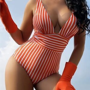 Striped Orangish-Red One Piece Swimsuit